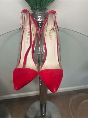 Liliana Red Pointed-Toe Clear-Panel Ankle-Strap Pumps